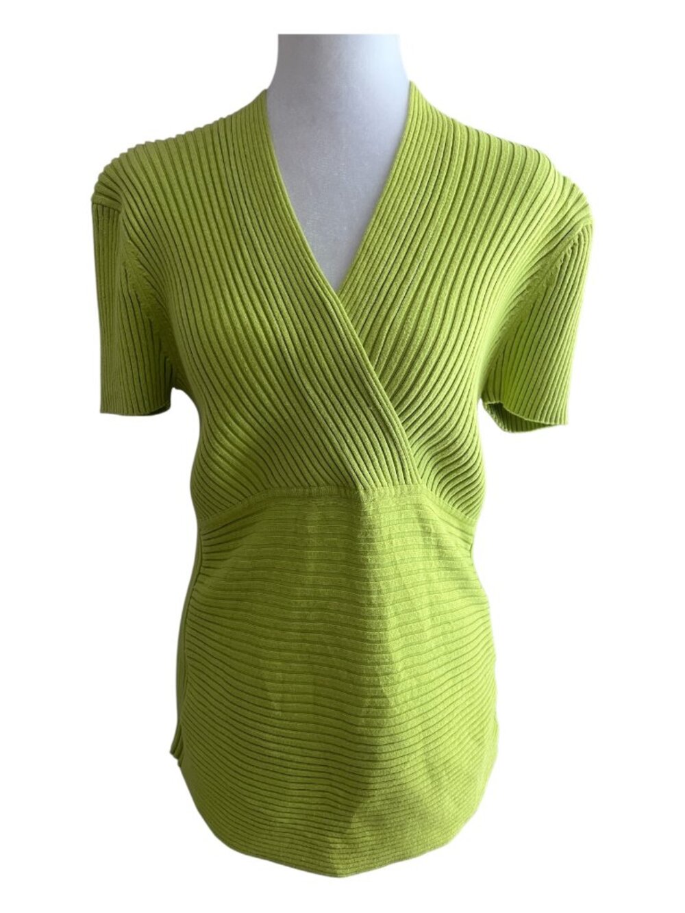Vintage August Silk Lime Green Ribbed Faux Wrap Short Sleeve Top - M